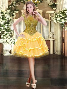 Luxury Beading and Ruffled Layers Dress for Prom Gold Zipper Cap Sleeves Mini Length