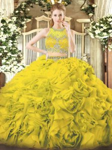 Hot Sale Gold Ball Gowns Fabric With Rolling Flowers Scoop Sleeveless Beading Floor Length Zipper Vestidos de Quinceaner