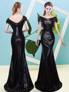 High End Scoop Cap Sleeves Prom Dress Floor Length Sequins Black Sequined