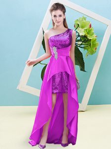 Fuchsia Sleeveless Elastic Woven Satin and Sequined Lace Up Prom Party Dress for Prom and Party