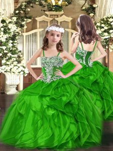 Floor Length Green Pageant Gowns For Girls Organza Sleeveless Appliques and Ruffles