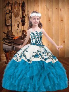 Baby Blue Lace Up Straps Embroidery and Ruffles Little Girls Pageant Dress Wholesale Organza Sleeveless