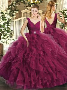 V-neck Sleeveless Tulle Sweet 16 Quinceanera Dress Beading and Ruffles Backless