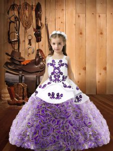 Multi-color Fabric With Rolling Flowers Lace Up Straps Sleeveless Floor Length Little Girls Pageant Dress Embroidery