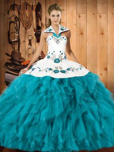 Custom Made Teal Sleeveless Floor Length Embroidery and Ruffles Lace Up Quinceanera Dresses
