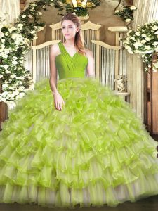 Custom Made Floor Length Yellow Green Quinceanera Gown Organza Sleeveless Ruffled Layers