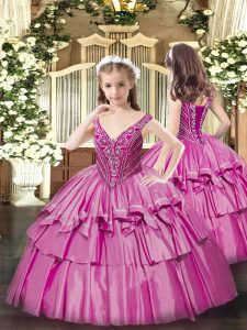 Stunning Floor Length Fuchsia Little Girls Pageant Dress Wholesale V-neck Sleeveless Lace Up