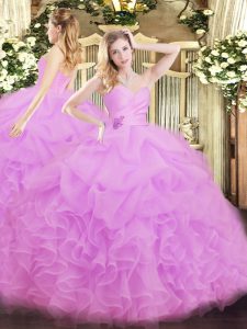 Floor Length Lilac Sweet 16 Dresses Organza Sleeveless Beading and Ruffles