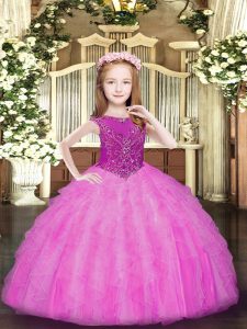 High Quality Scoop Sleeveless Pageant Dress for Teens Floor Length Beading and Ruffles Rose Pink Organza