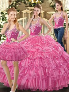 Attractive Hot Pink Ball Gowns Beading and Ruffles and Pick Ups Sweet 16 Dresses Lace Up Tulle Sleeveless Floor Length