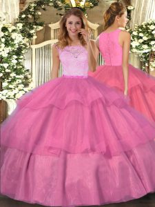 Hot Pink Ball Gowns Lace and Ruffled Layers Quinceanera Dress Clasp Handle Organza Sleeveless Floor Length