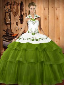 Extravagant Olive Green Halter Top Neckline Embroidery and Ruffled Layers Quinceanera Dresses Sleeveless Lace Up
