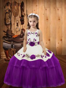 Embroidery and Ruffled Layers Child Pageant Dress Purple Lace Up Sleeveless Floor Length