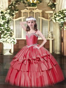 Hot Sale Coral Red Sleeveless Organza and Taffeta Lace Up Pageant Dress for Teens for Military Ball and Sweet 16 and Qui