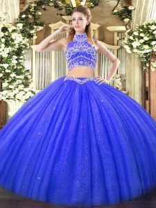High-neck Sleeveless Backless Quinceanera Dress Blue Tulle