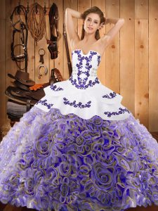 Multi-color Ball Gowns Strapless Sleeveless Satin and Fabric With Rolling Flowers With Train Sweep Train Lace Up Embroid