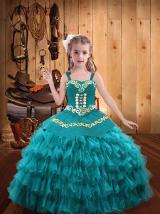 Admirable Floor Length Teal Little Girl Pageant Gowns Straps Sleeveless Lace Up