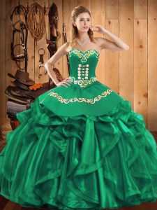 Extravagant Green Lace Up Sweetheart Embroidery and Ruffles Sweet 16 Quinceanera Dress Organza Sleeveless