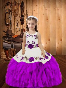 Customized Purple Sleeveless Floor Length Embroidery and Ruffles Lace Up Kids Formal Wear