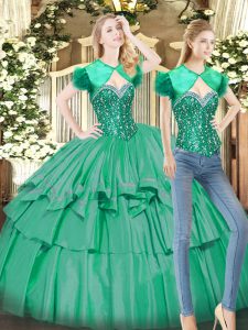 Sleeveless Tulle Floor Length Lace Up Sweet 16 Quinceanera Dress in Turquoise with Beading and Ruffled Layers