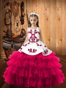 Classical Embroidery and Ruffled Layers Little Girl Pageant Dress Hot Pink Lace Up Sleeveless Floor Length