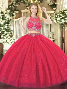 Coral Red Zipper Sweet 16 Dresses Beading Sleeveless Floor Length