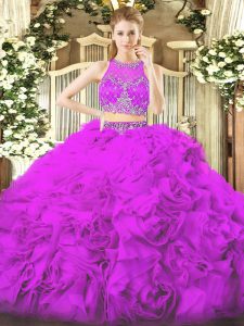 Simple Sleeveless Fabric With Rolling Flowers Floor Length Zipper Quinceanera Gown in Lilac with Beading