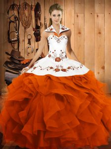 Sleeveless Floor Length Embroidery and Ruffles Lace Up Ball Gown Prom Dress with Orange Red