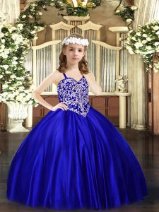 Beading Kids Pageant Dress Royal Blue Lace Up Sleeveless Floor Length