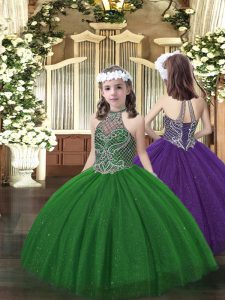 Best Sleeveless Floor Length Beading Lace Up Little Girls Pageant Gowns with Dark Green
