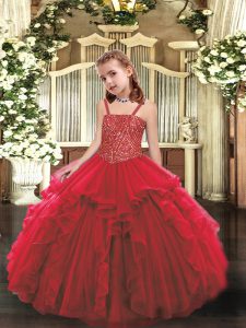 Organza Straps Sleeveless Lace Up Beading and Ruffles Kids Pageant Dress in Red