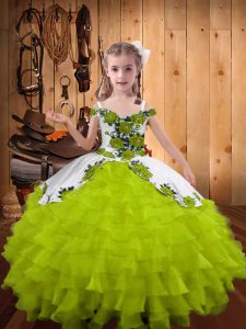 Organza and Tulle Off The Shoulder Sleeveless Lace Up Embroidery and Ruffled Layers Little Girl Pageant Gowns in Yellow 