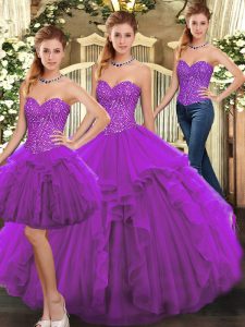 Modern Floor Length Lace Up Sweet 16 Dress Purple for Military Ball and Sweet 16 and Quinceanera with Ruffles