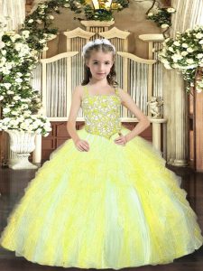 Exquisite Yellow Green Straps Lace Up Beading and Ruffles Little Girls Pageant Dress Wholesale Sleeveless