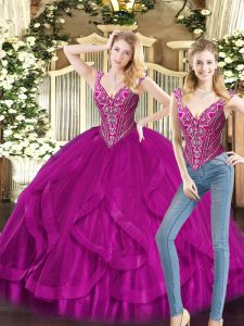 Fancy Fuchsia V-neck Neckline Beading and Ruffles Quince Ball Gowns Sleeveless Lace Up