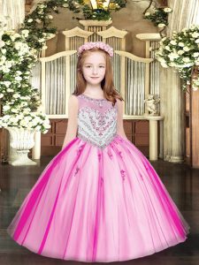 Fuchsia Ball Gowns Scoop Sleeveless Tulle Floor Length Zipper Beading and Appliques Pageant Dress Toddler