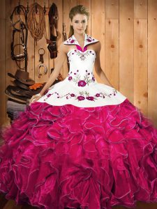 Super Floor Length Fuchsia Quinceanera Dress Halter Top Sleeveless Lace Up