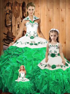 Green Tulle Lace Up Ball Gown Prom Dress Sleeveless Floor Length Embroidery and Ruffles and Bowknot