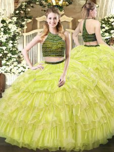 New Arrival Floor Length Yellow Green Sweet 16 Dresses Organza Sleeveless Beading and Ruffled Layers