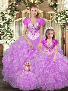 Beauteous Sleeveless Tulle Floor Length Lace Up Quinceanera Gown in Lilac with Beading and Ruffles