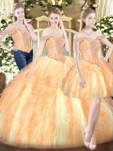 Floor Length Ball Gowns Sleeveless Gold Quinceanera Gowns Lace Up