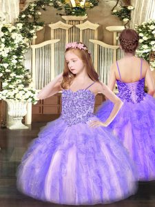 Trendy Spaghetti Straps Sleeveless Organza Kids Pageant Dress Appliques and Ruffles Lace Up