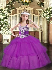 Custom Design Fuchsia Organza Lace Up Custom Made Pageant Dress Sleeveless Floor Length Appliques and Ruffled Layers