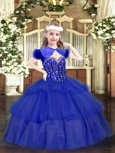 Latest Straps Sleeveless High School Pageant Dress Floor Length Beading and Ruffled Layers Royal Blue Organza