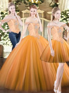 Orange Red Three Pieces Off The Shoulder Sleeveless Tulle Floor Length Lace Up Beading Sweet 16 Dress
