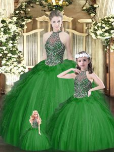 Halter Top Sleeveless Lace Up Vestidos de Quinceanera Green Tulle