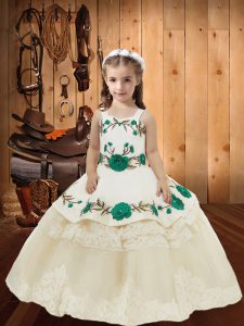Elegant Floor Length White Little Girls Pageant Dress Tulle Sleeveless Lace and Embroidery