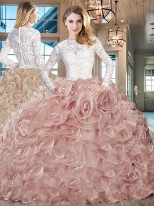 Cheap Long Sleeves Lace and Fabric With Rolling Flowers Brush Train Lace Up 15 Quinceanera Dress in Champagne with Beadi