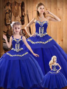 Blue Tulle Lace Up 15 Quinceanera Dress Sleeveless Floor Length Embroidery