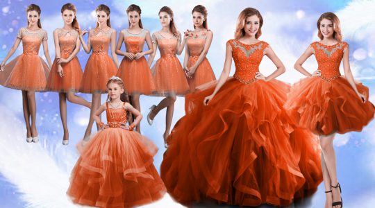 Floor Length Rust Red Quince Ball Gowns Scoop Sleeveless Lace Up